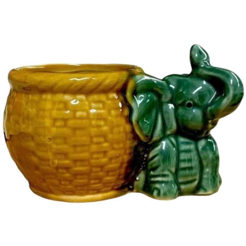 LUCKY ELEPHANT ceramic planter small charming basket pot 3.5"x3.5" Asian appeal